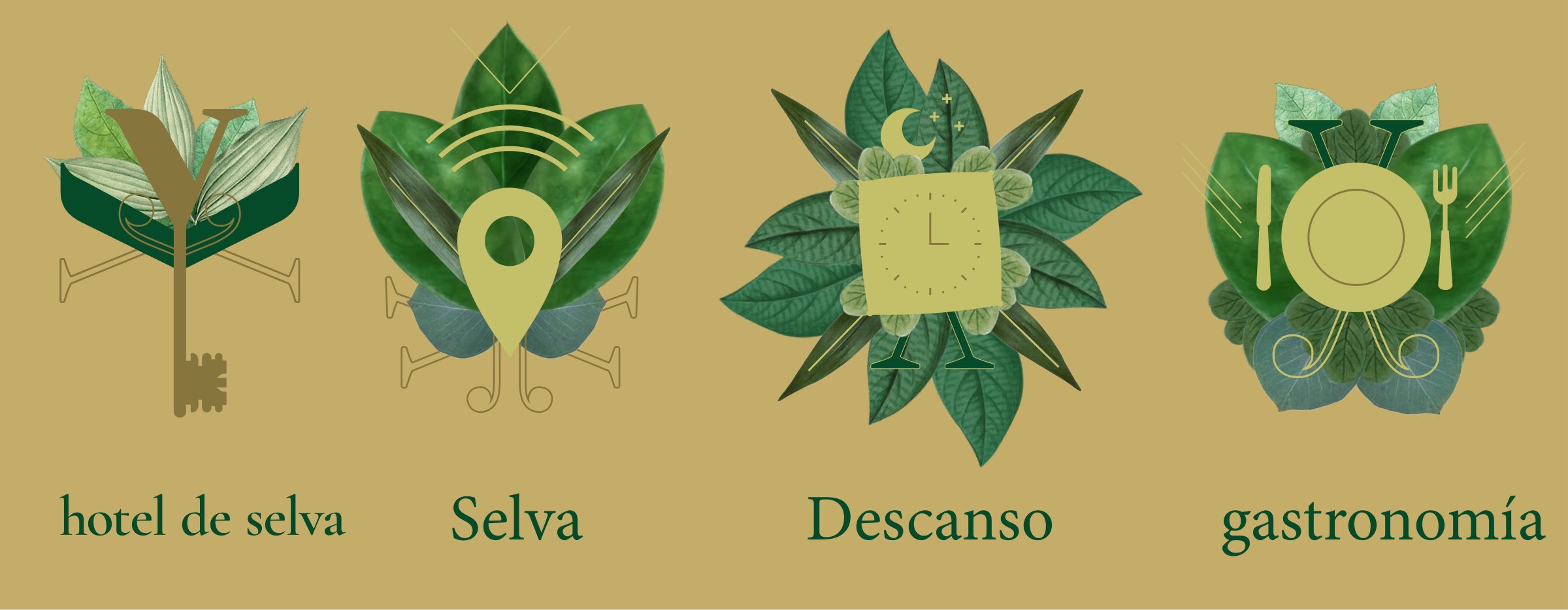 Familia de emblemas: hotel de selva, selva, descanso y gastronomía